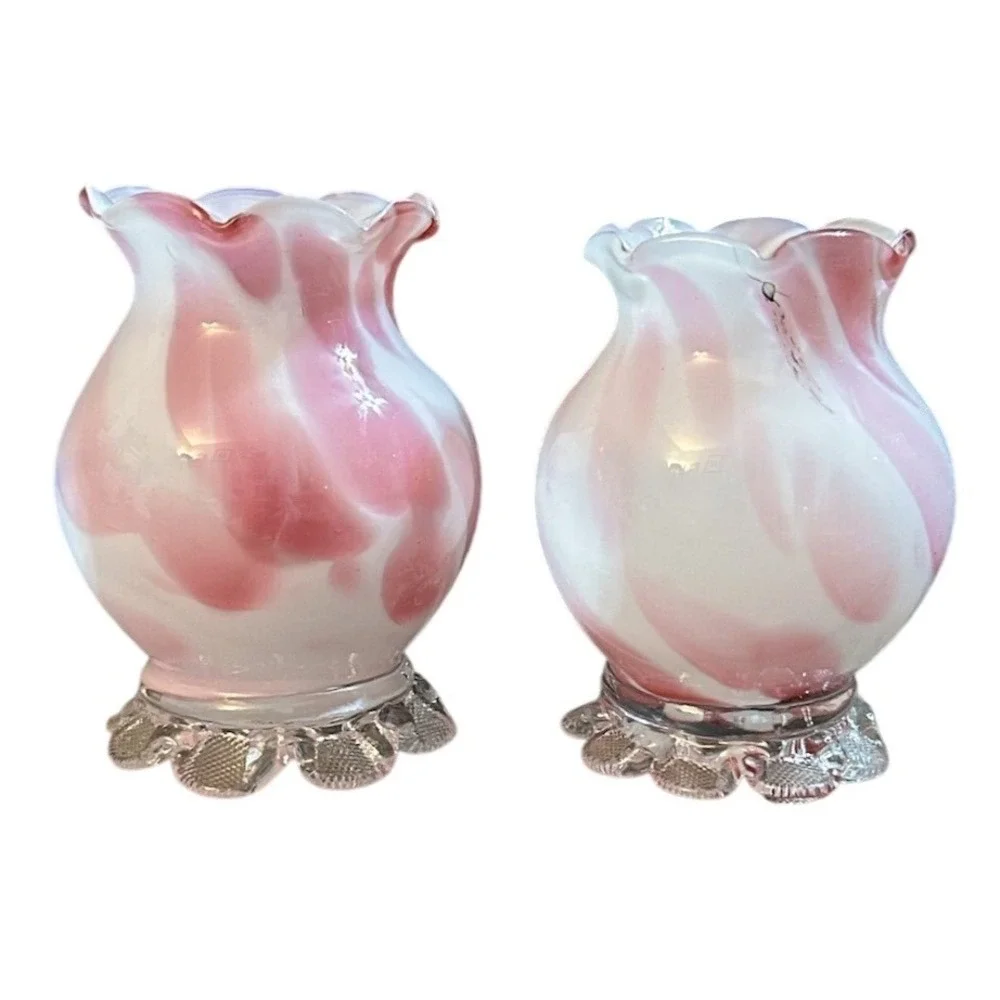 Vintage Pink and White Slag Glass Ruffled Bud Vases with Clover Base Set of 2